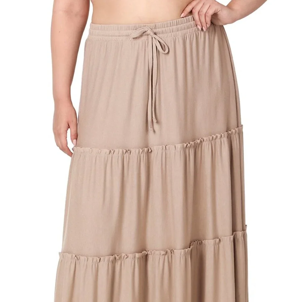 $10 BB 17 Maxi Skirt Plus Sized Tiered Ruffled Drawcord Waist- Chai Tea - Picture 1 of 1